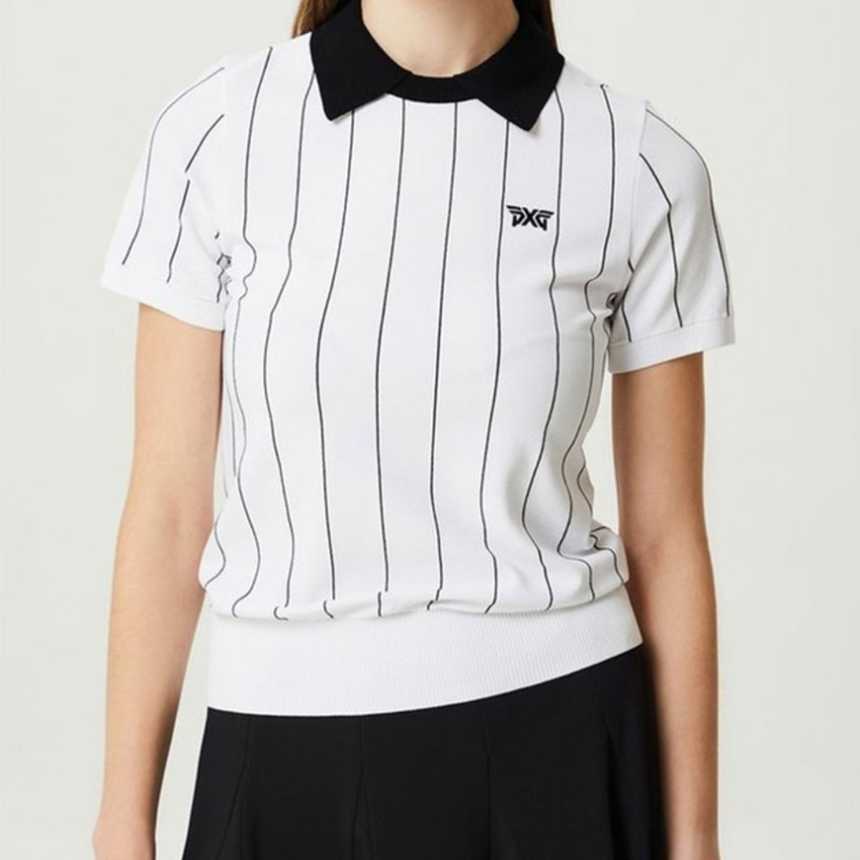 PXG 여성 썸머 스트라이프 패턴 하프 슬리브 PK 스웨터(2color)