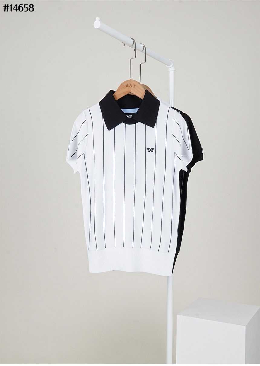 PXG 여성 썸머 스트라이프 패턴 하프 슬리브 PK 스웨터(2color)