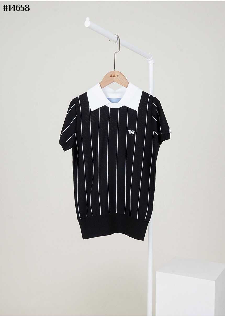 PXG 여성 썸머 스트라이프 패턴 하프 슬리브 PK 스웨터(2color)