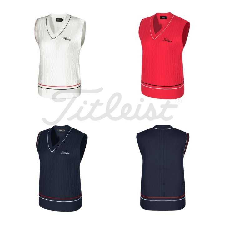 타이틀리스트 자수 로고 케이블 브이넥 니트 조끼(3color)