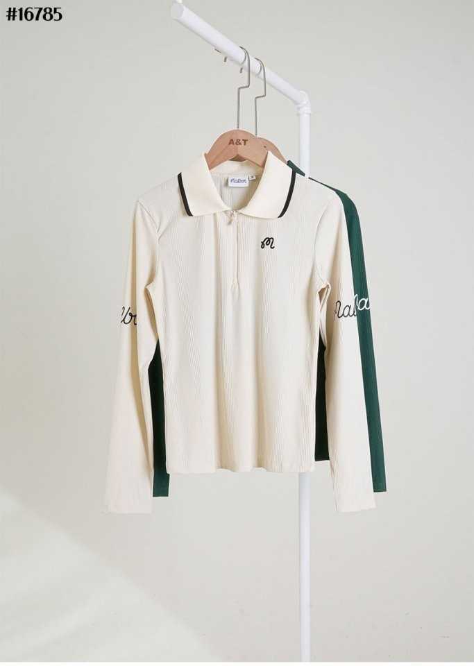 말본 M 스크립트 하프 집업 골지 롱 슬리브 티셔츠(2color)